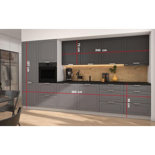 Mobile Cucina Kvantum Con Piano Di Lavoro 360Cm Bianco Mdf Grigio Polvere Grahpit Opaco Estensione Parziale-image