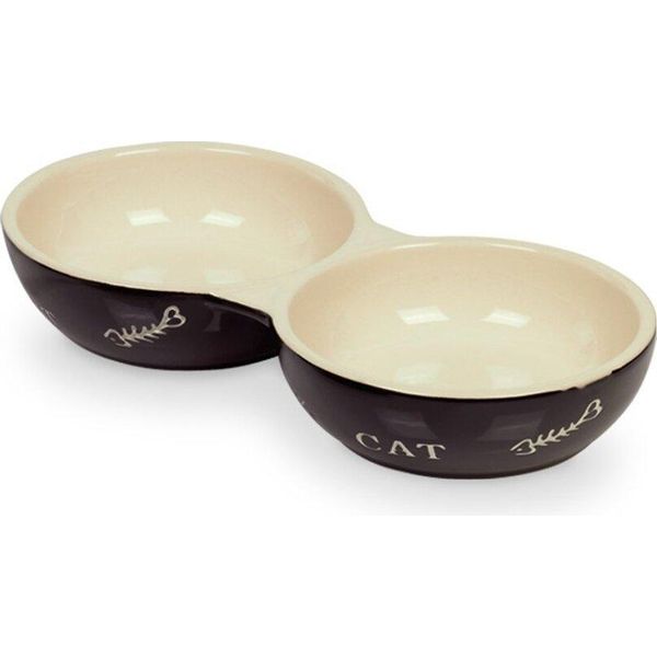 Ciotola Doppia Per Gatti In Ceramica Nobby "Cat"" 22 X 11,5 X 3,5 Cm Nero / Beige"-image