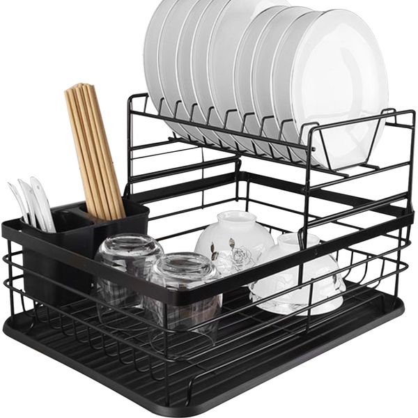 Scolapiatti Con Gocciolatoio Scolapiatti A 2 Livelli Organizzatore Per La Cucina Stendino Estraibile Per Piatti Da Lavello Nero 19163-image