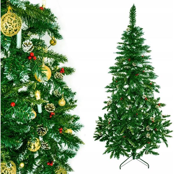 Albero Di Natale Artificiale, Realistico, 200 Cm, Pino, Abete Rosso, Fitto, Pigne, Supporto Innevato-image