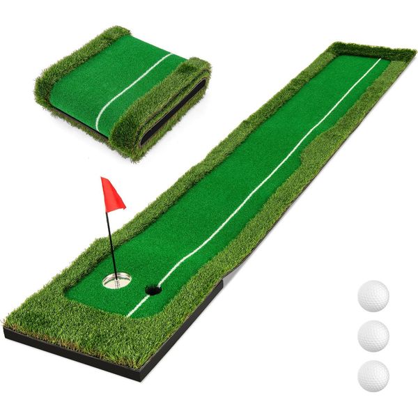 Tappeto Da Golf Costway 300 X 50 Cm, Putting Green Con 3 Palline Da Golf E 2 Dimensioni Di Buche, Tappetino Da Allenamento Per Interni Ed Esterni, Tappetino Da Allenamento Pieghevole-image