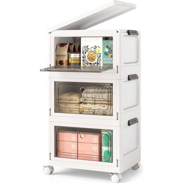 Costway 75 L Scatola Pieghevole Con Coperchio, Set Di 3 Scatole Di Plastica, Contenitori Con Ruote E Sportelli, Scatole Impilabili, 41X31,5X72,5 Cm, Bianco-image