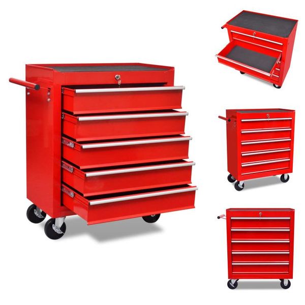 Carrello Da Officina Rosso A 5 Cassetti - Carrello E Carrello Manuale-image