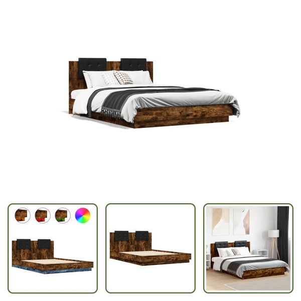 The Living Store Struttura Letto Con Testiera E Luci Led Rovere Fumé 150X200 Cm-image