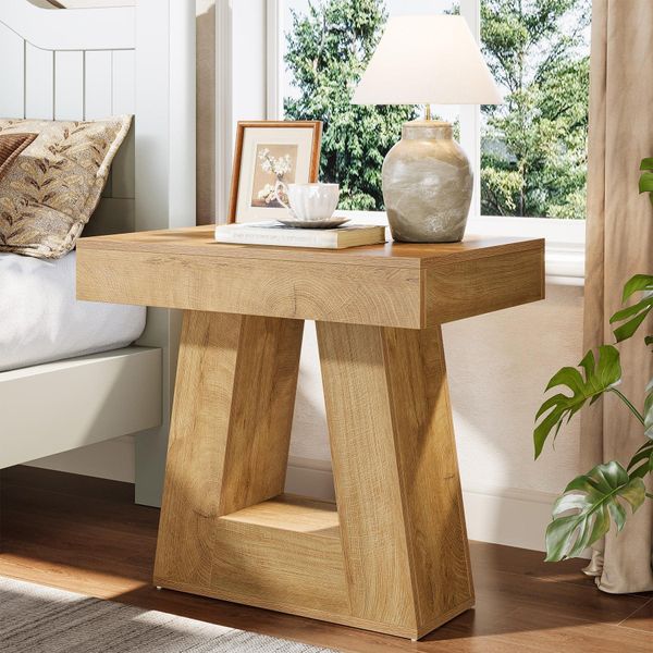 Comodino Tribesigns, Comodino Moderno In Legno, Con Base Trapezoidale, Piccolo Comodino Con Venature Del Legno Per Soggiorno E Camera Da Letto-image