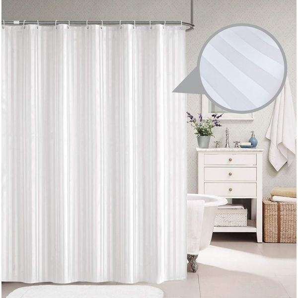 Elegante Tenda Da Doccia In Tessuto, Damasco A Righe, Bianco, 180X180 Cm, Con Anelli E Pesi Per Tenda Da Doccia.-image
