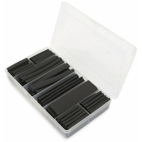 Assortimento Di Tubi Termorestringenti, 142 Pezzi, Scatola Di Plastica, Adesivo, Rapporto Di Restringimento 3:1, Nero-image