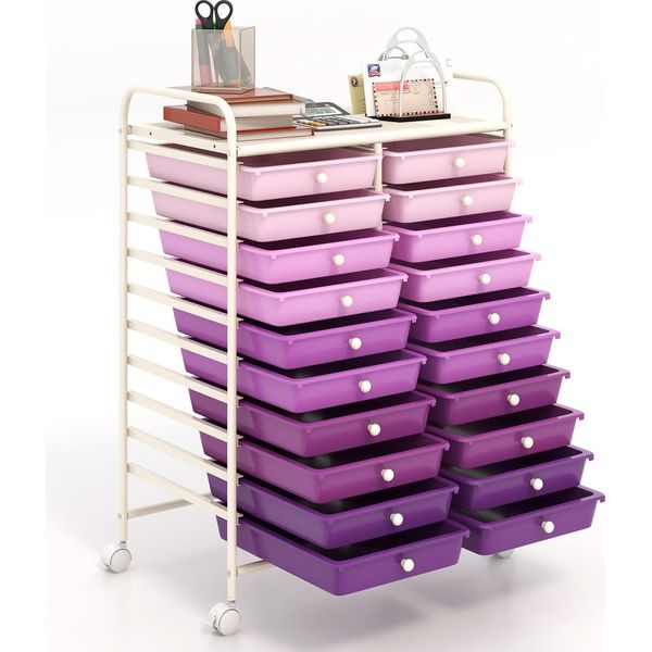 Carrello Costway Con 20 Cassetti Impilabili, Struttura In Metallo E Ripiano, Carrello A Cassetti Carrello Da Bagno Carrello Laterale Carrello Viola-image