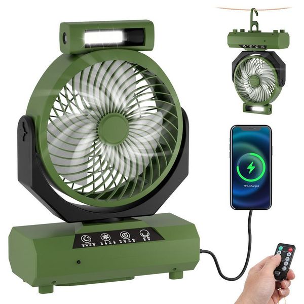 Ventilatore Da Tavolo Bettizia, Ventilatore Da Campeggio, Ricaricabile, Batteria 20000Mah, 4 Velocità, Con Telecomando, Luce Led E Gancio, Per Esterni, Tenda, Verde-image