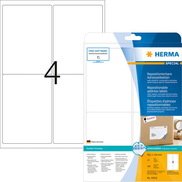 Herma Herma Etichette Riposizionabili Per Indirizzi A4 99,1X139 Mm Bianco Carta Mobile Opaca 100 Pz.-image