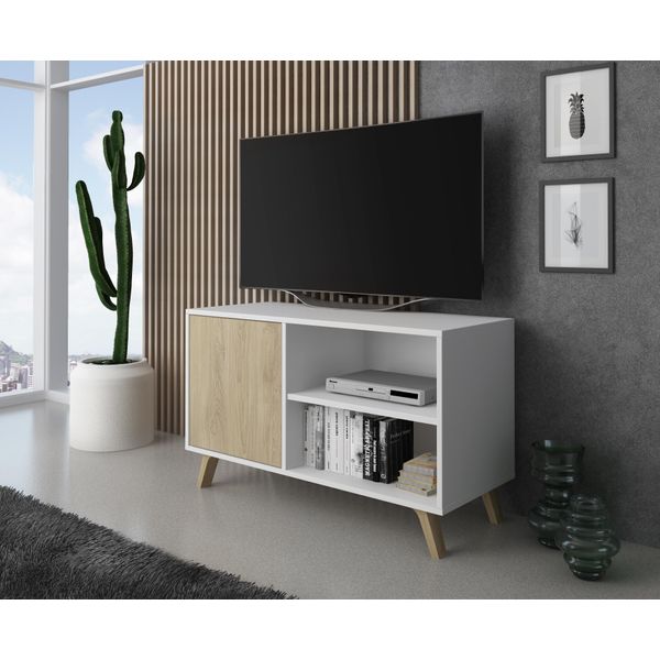 Mobile Tv 100,Soggiorno, Modello Wind, Colore Bianco E Rovere, 95X40X57Cm-image