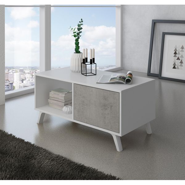 Tavolino Con Porte, Soggiorno, Modello Wind, Colore Bianco Opaco E Cemento, 92X50X45Cm.-image