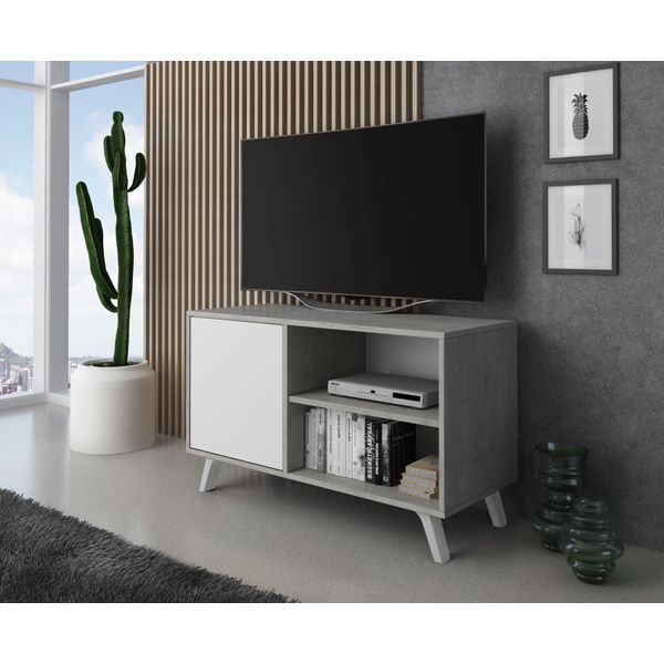 Mobile Tv 100, Soggiorno, Modello Wind, Cemento E Bianco Opaco, 95X40X57Cm-image