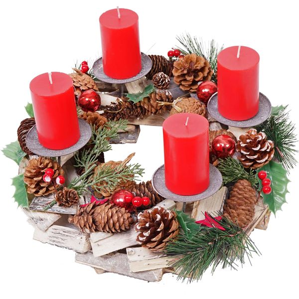 D'avvento HWC-H49, Decorazione Natalizia Composizione Floreale D'avvento, Legno ® Rotonda Ø 33 Cm ~ Incl. 4X Candele Rosse-image