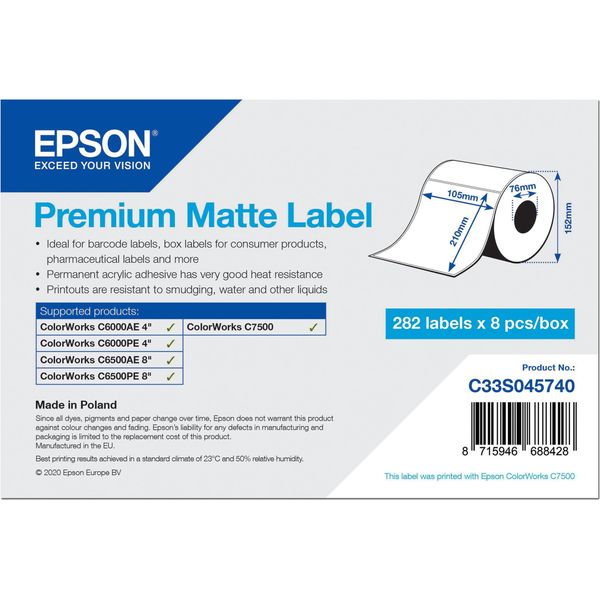 Epson Premium - Opaco - Adesivo Acrilico Permanente - Bianco Brillante - 105 X 210 Mm 2256 Etichette (8 Rotoli)-image