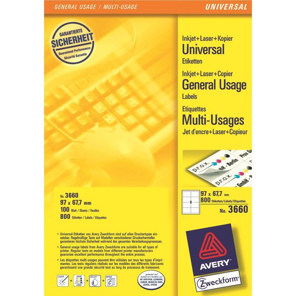 Avery - Mehrzwecketiketten - Weiß - 97 X 67,7 Mm - 800 Etikett(En) (100 Bogen X 8) (3660)-image