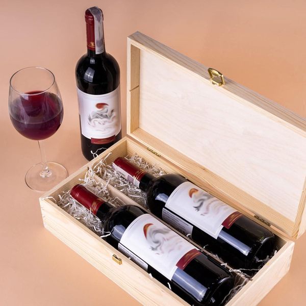 Creative Deco Scatola Per Vino In Legno | Porta Bottiglie Di Vino 2 Bottiglie 0,7L | 35X20X10 Cm | Coperchio E Serratura, Divisori Rimovibili, Regalo-image