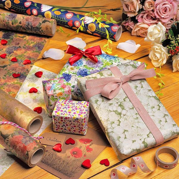 Carta Da Regalo Con Fiori, Verde E Bianco, Carta Per Compleanni, 0,70 X 10 M-image