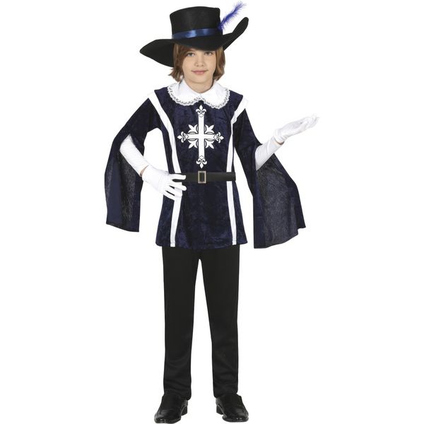 Moschettiere Avventura Bambini Costume Carnevale Cavaliere Bandito Blu Nero Cappello Piuma Guanti, Taglia: 110/116 Colore: Nero-image