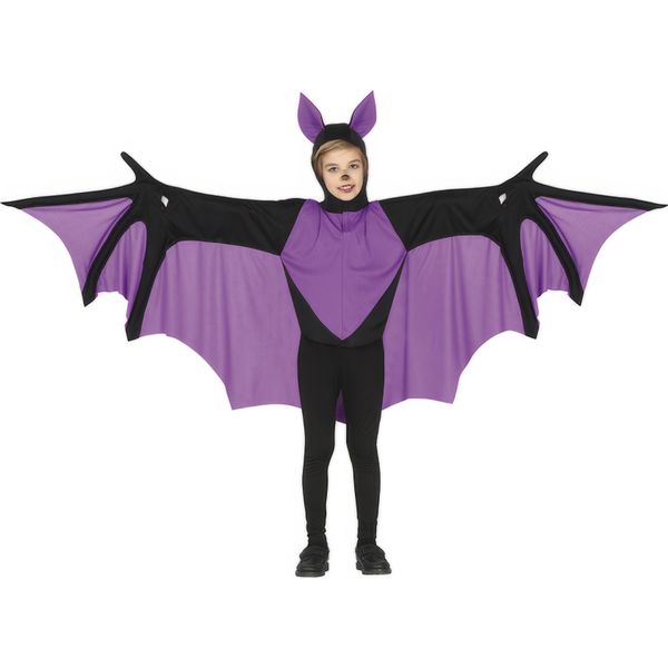 Pipistrello Halloween Tunica Costume Bambini Cappuccio Ali Viola Animale Outfit Fantasia Avventura Colorato Carnevale Divertimento Unisex Travestimento, Taglia: 128/134 Colore: Nero-image