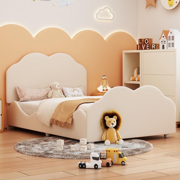 Letto Per Bambini Flieks 90X200Cm Con Rete A Doghe, Letto Imbottito Letto Per Ragazzi Con Testiera E Pediera A Forma Di Nuvola, Letto Singolo Letto In Legno Letto Da Terra, Velluto, Beige-image