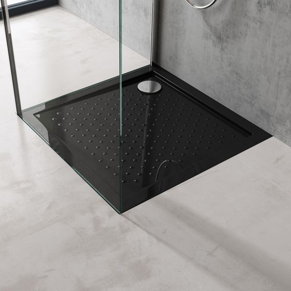 Doporro Piatto Doccia Antiscivolo Con Piletta 90X90X4Cm, Piatto Doccia Lucia01Ar In Acrilico Incl. Piletta Di Scarico (AL02), Forma: Quadrato, Nero-image