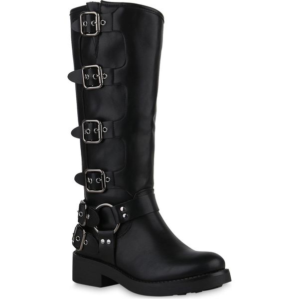 Van Hill Donna Stivali Biker Leggermente Foderati Fibbie Rivetti Scarpe 840848, Colore: Nero, Taglia: 36-image