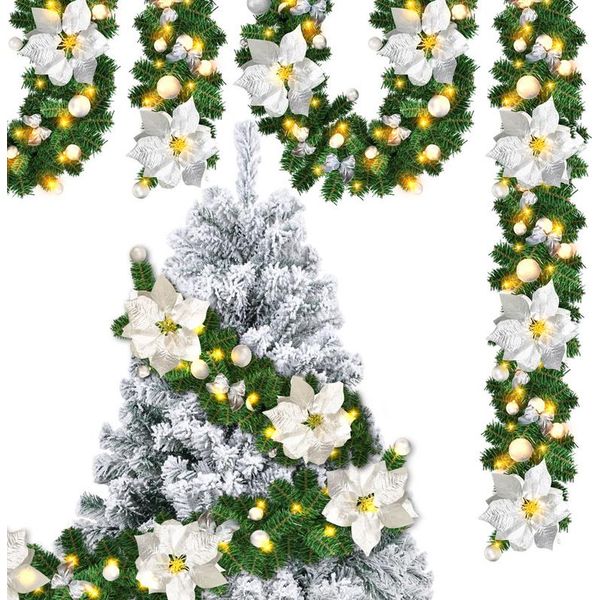 Ghirlanda Natalizia Tolletour Con 2,7 M Di Ghirlanda Di Abete Artificiale Fiori D'argento E 50 Led Bianchi Caldi In 2 Modalità Ghirlanda Natalizia Festosa Con Illuminazione E Decorazione-image