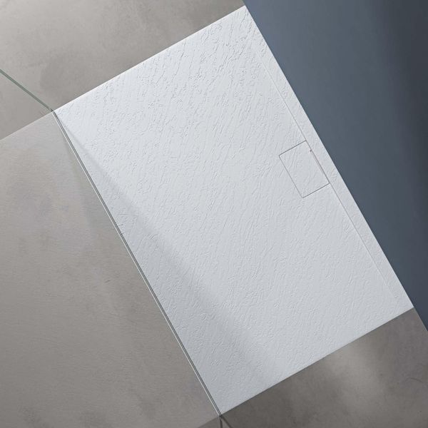Doporro Piatto Doccia Rettangolare 90X140 Cm In Resina Minerale Bianco Effetto Pietra, Ultrasottile H 3 Cm, Scarico Laterale Con Piletta Inclusa šC Geoma07-image