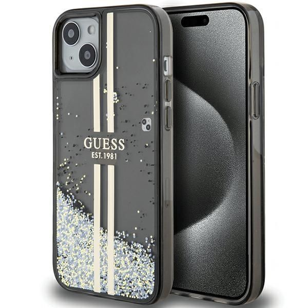 Guess Guhcp15Mlfcsegk Custodia Rigida Per Iphone 15 Plus / 14 Plus 6.7 Czarny/Nero Liquid Glitter Gold Stripes-image