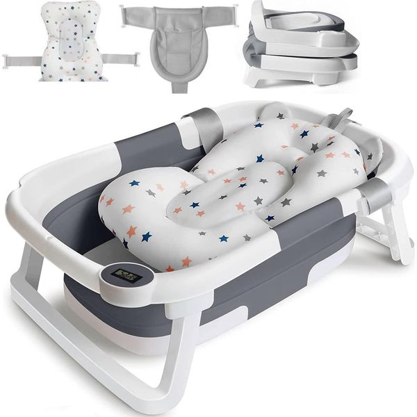 Vasca Da Bagno Per Neonati Vasca Da Bagno Pieghevole Per Neonati Con Termometro, Vasca Portatile Pieghevole Per Neonati Da 0-36 Mesi, Grigio-image