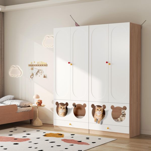 Armadio Per Bambini Merax*2, Con Letto Per Gatti, Appendiabiti, Scaffali Aperti, Adatto Agli Animali Domestici, Mobili Per La Camera Dei Bambini, 80×50×200 Cm, Bianco + Legno Naturale-image