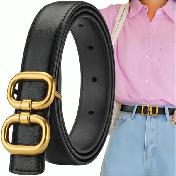 Cintura Da Donna In Pelle Naturale, Nera, Larghezza 2,3 Cm, Lunghezza 110 Cm, Con Fibbia Dorata-image