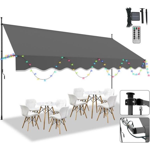 Jopassy Tenda Da Sole Con Led Senza Foratura Tenda Da Sole A Morsetto Tenda Da Sole Per Terrazza Balcone 400Cm Grigio-image