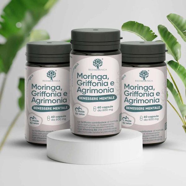Redmoringa Integratore Ansiolitico Griffonia 5-HTP Con Moringa| Per Migliorare L'umore | 180 Capsule | Italy-image