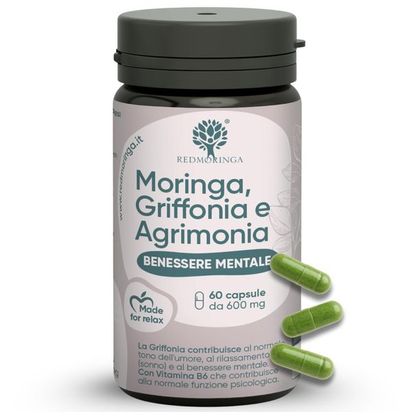 Redmoringa Integratore Ansiolitico Griffonia 5-HTP Con Moringa | Per Migliorare L'umore | 60 Capsule | Italy-image