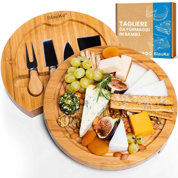 Blauke Tagliere Per Formaggi In Legno Di Bambù Set Per Formaggio Con Tagliere E 4 Coltelli In Acciaio Per Formaggi-image