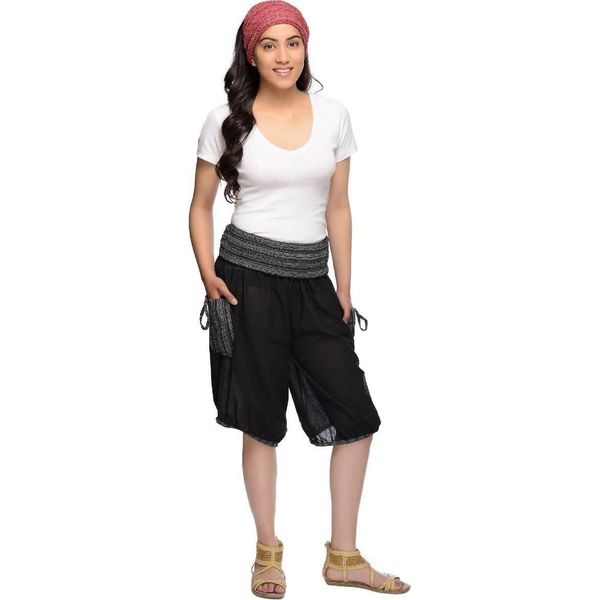 Haremshose Shorts Bermuda Jogginghose Sweathose Freizeithose Trainingshose Gesmokt Varkala Damen, Schwarz-image