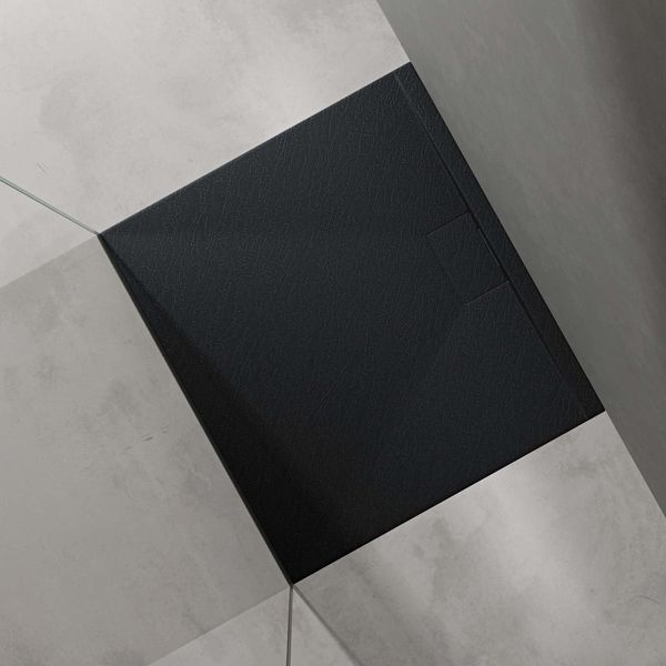 Doporro Piatto Doccia Rettangolare 90X100 Cm In Resina Minerale Antracito Effetto Pietra, Ultrasottile H 3 Cm, Scarico Laterale Con Piletta Inclusa šC Geoma07-image