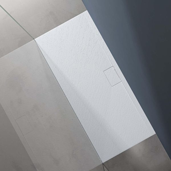 Doporro Piatto Doccia Rettangolare 70X160 Cm In Resina Minerale Bianco Effetto Pietra, Ultrasottile H 3 Cm, Scarico Laterale Con Piletta Inclusa šC Geoma07-image