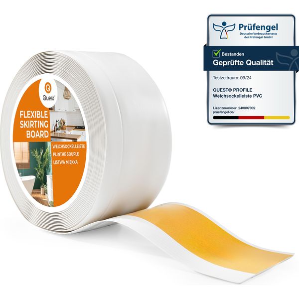 Quest Battiscopa In Pvc 100X25Mm, 25M, Autoadesivo, Battiscopa Morbido, Flessibile, Bianco-image