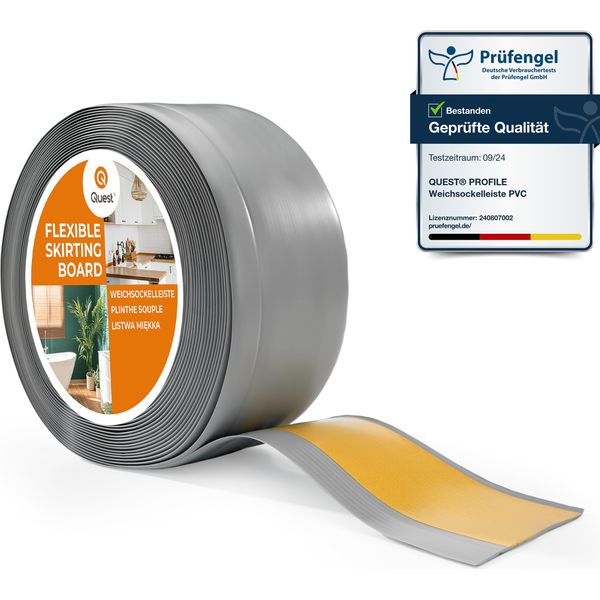 Quest Battiscopa In Pvc 100X25Mm, 5M, Autoadesivo, Battiscopa Morbido, Flessibile, Grigio-image