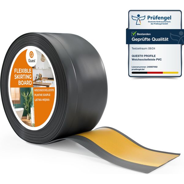 Quest Battiscopa In Pvc 100X25Mm, 5M, Autoadesivo, Battiscopa Morbido, Flessibile, Grigio Scuro-image