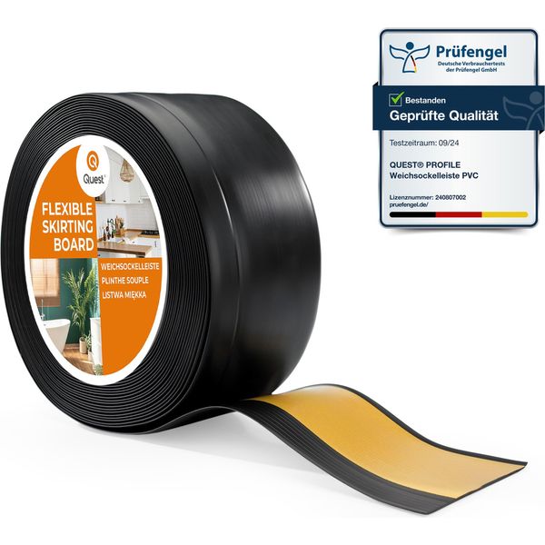 Quest Battiscopa In Pvc 100X25Mm, 5M, Autoadesivo, Battiscopa Morbido, Flessibile, Nero-image