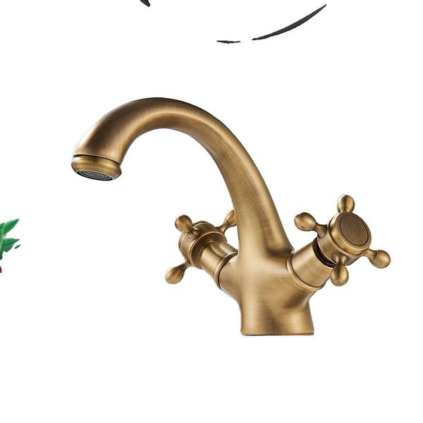 Rubinetto Per Lavabo In Ottone Antico, Design A Doppia Maniglia, Tecnologia Con Valvola In Ceramica, Ottone Antico A-image