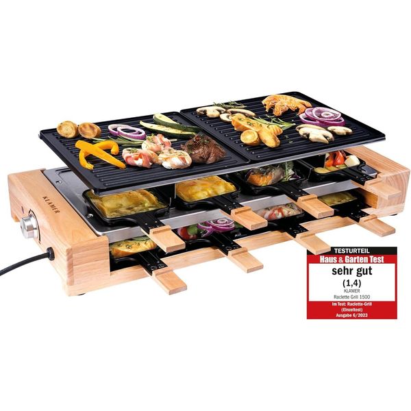 Raclette 8 Persone, Griglia Per Raclette Da 1500W Con Struttura In Legno, Raclette Con Piastra Rivestita In Materiale Antiaderente, Griglia Elettrica Da Tavolo-image