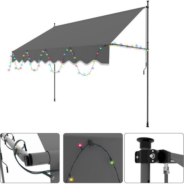 Jayseuw Tenda Da Sole A Morsetto Con Led 300X120Cm Tenda Da Sole Per Balconi Regolabile In Altezza Con Manovella Protezione Solare Senza Foratura Per Terrazze E Balconi Grigio-image