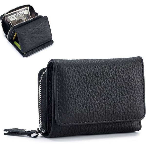 Piccolo Portafoglio Da Donna Con Tasca Portamonete E Protezione Rfid, Mini Portafoglio In Vera Pelle Porta Carte Di Credito Per Donne Ragazze, Nero, Compatto, Sicuro, Elegante-image