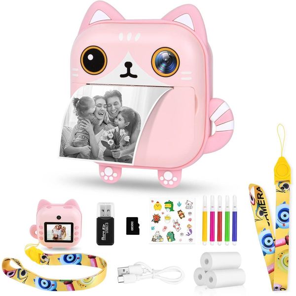 Fotocamera Digitale Per Bambini Con Carta Da Stampa E Scheda Tf Da 32G, Penne Colorate, Fotocamera Istantanea Da 2,4 Pollici 1080P, Videocamera Fotocamera Fotografica In Bianco E Nero-image