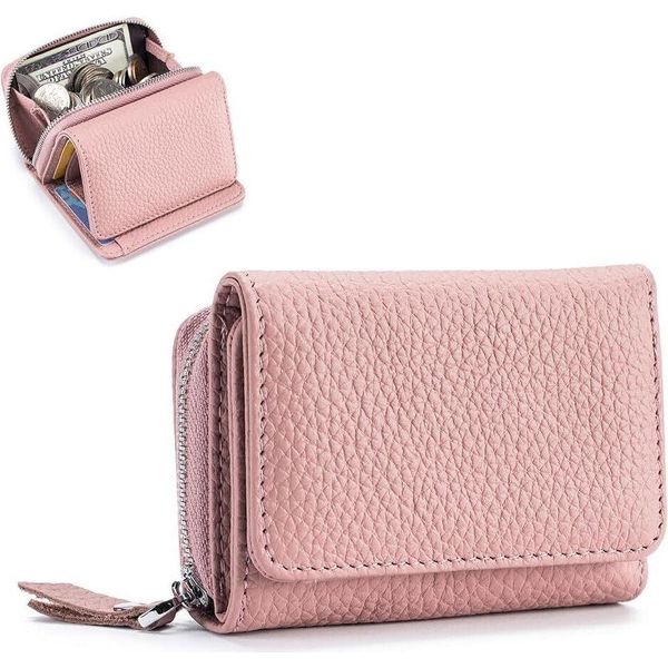 Piccolo Portafoglio Da Donna Con Tasca Portamonete E Protezione Rfid, Mini Portafoglio In Vera Pelle Porta Carte Di Credito Per Donne Ragazze - Rosa, Compatto, Sicuro, Elegante-image